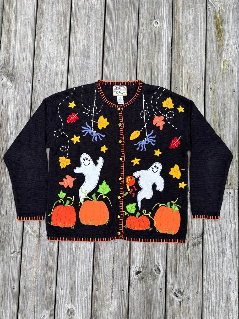VTG Heirloom Collectibles Halloween Knit Cardigan Sweater Ghost Pumpkin Women M